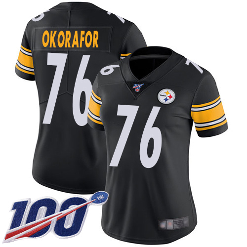 Women Pittsburgh Steelers Football 76 Limited Black Chukwuma Okorafor Home 100th Season Vapor Untouchable Nike NFL Jersey